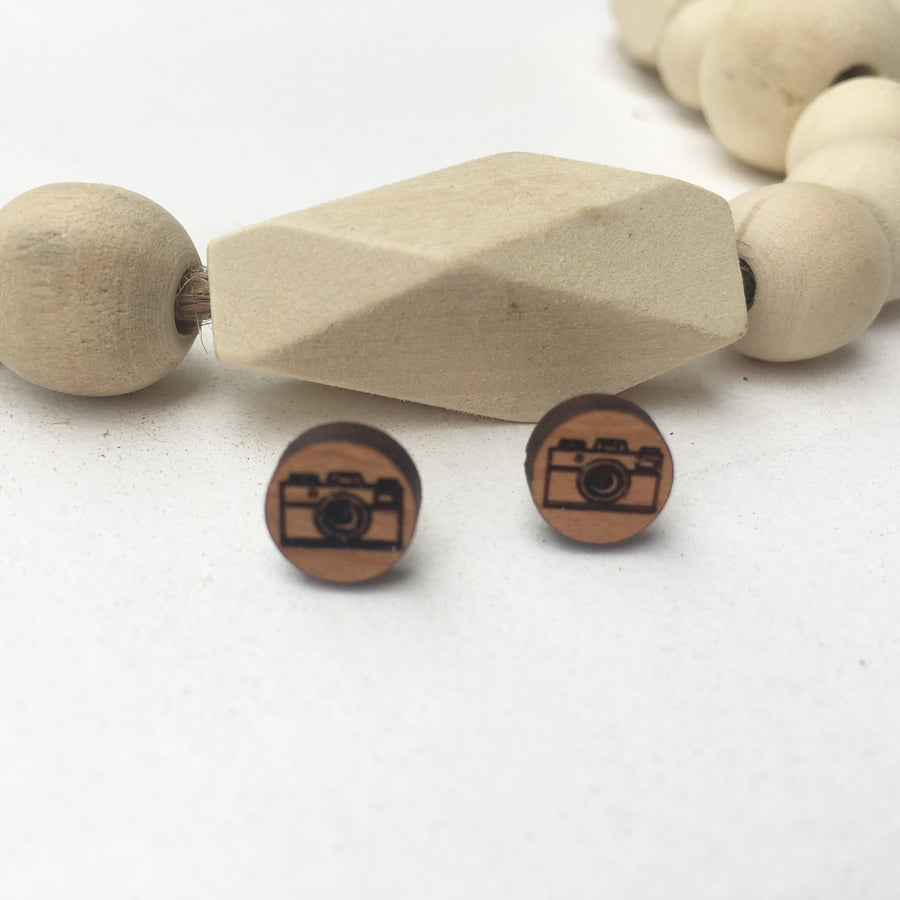 Vintage Camera Wood Stud Post Earrings