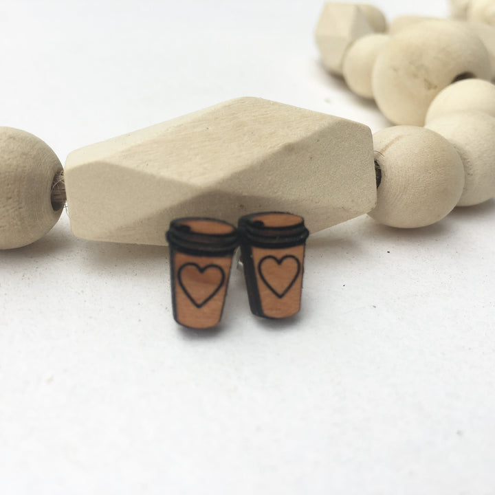Coffee Lover Wood Stud Post Earrings