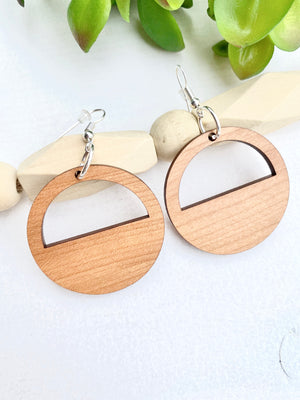 Circle with Cutout Cherry Wood Dangle Earrings