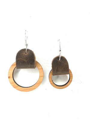 Leather and Wood Circle Cut Out Wood Dangle Earring