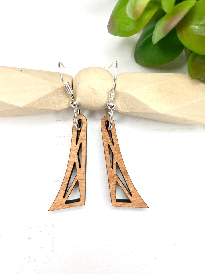 Dangle Geometric with Lines Cherry Wood Dangle Earrings - Wholesale
