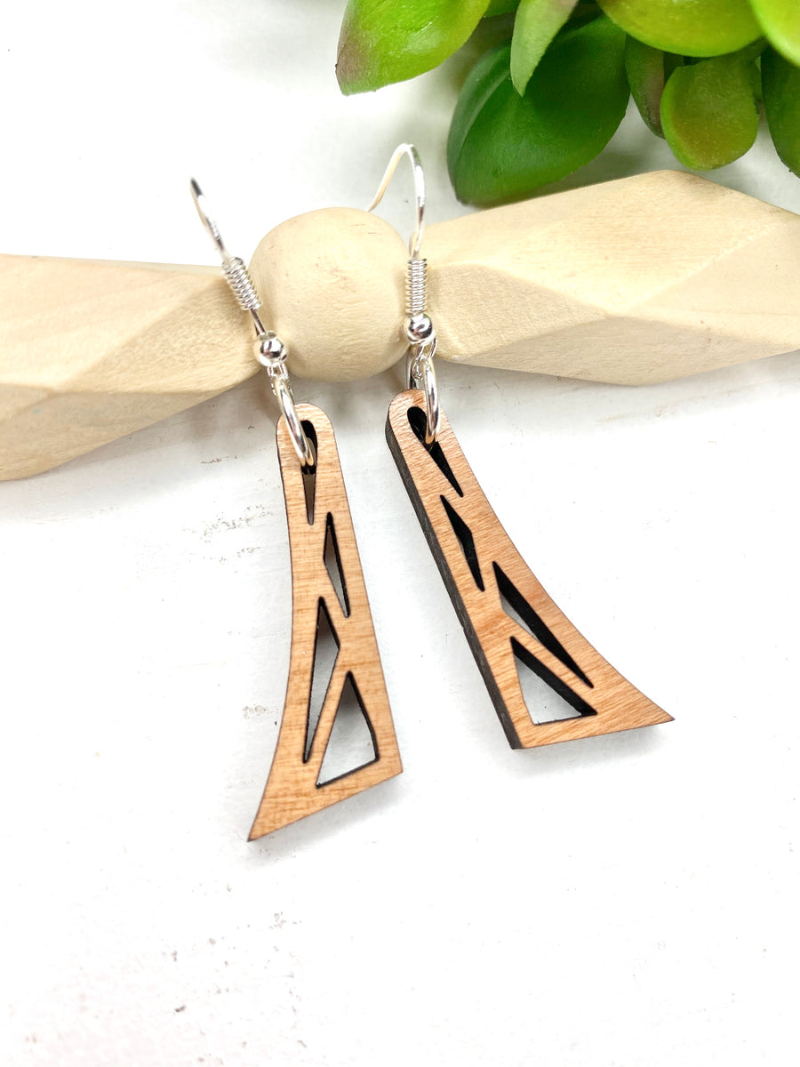 Dangle Geometric with Lines Cherry Wood Dangle Earrings - Wholesale