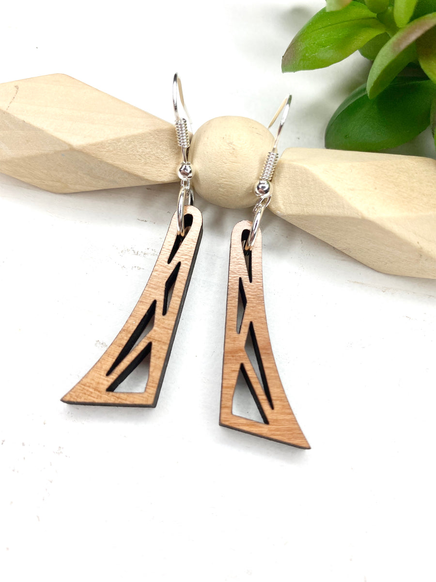 #6 Make It & Claim It Dangle Geometric with Lines Cherry Wood Dangle Earrings