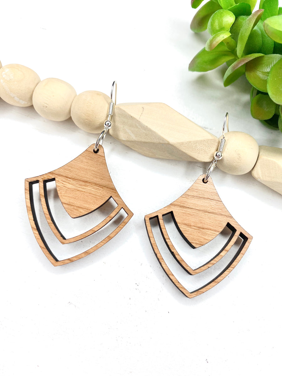 Geometric Fan Cherry Wood Dangle Earrings
