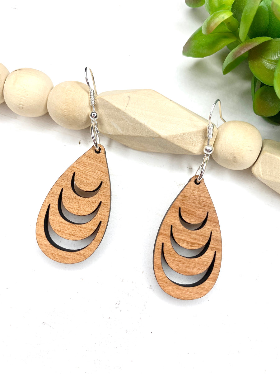 Tribal Teardrop Cherry Wood Dangle Earrings - Wholesale