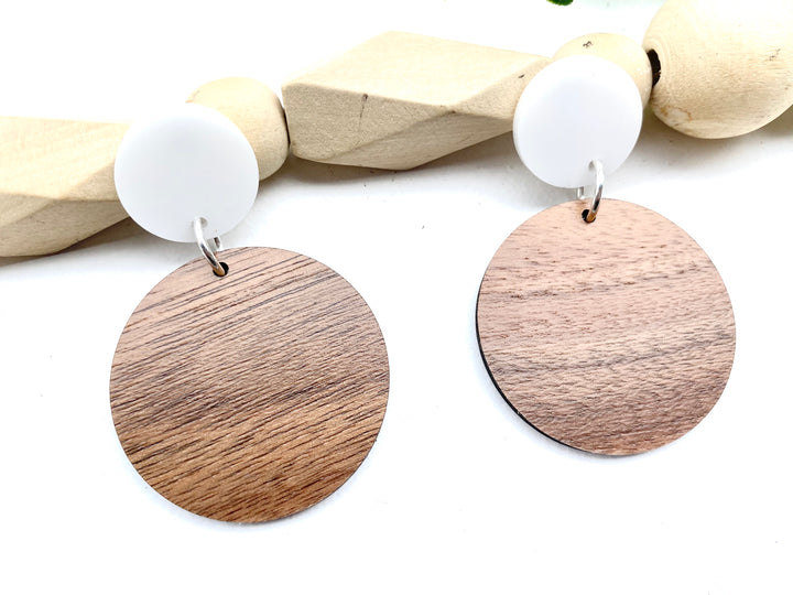 Double Circle Walnut and White Acrylic Earrings - Wholesale