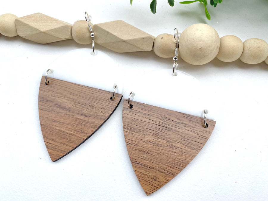 Upside Down Teardrop Earrings Walnut and White Acrylic - Wholesale