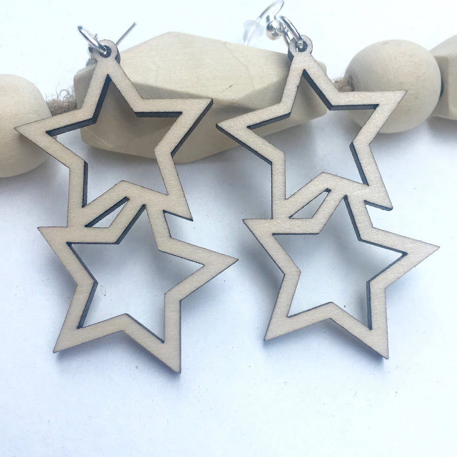 Wood Double Star Drop Earrings  - Wholesale