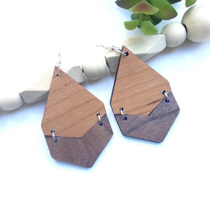 Cherry and Walnut Geometric Dangle Earrings, Drop Light Weight Earrings, Jewelry Gift for a Woman Birthday Thank You