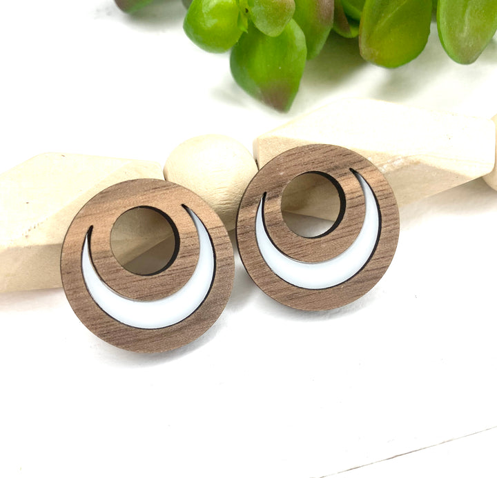 Brown and White Circle Cut Out Walnut and White Acrylic Post Earrings