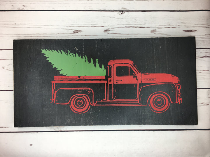 Vintage Red Truck with Christmas Tree Wood Sign