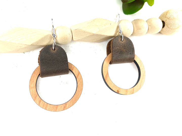 Leather and Wood Circle Cut Out Wood Dangle Earring - Wholesale