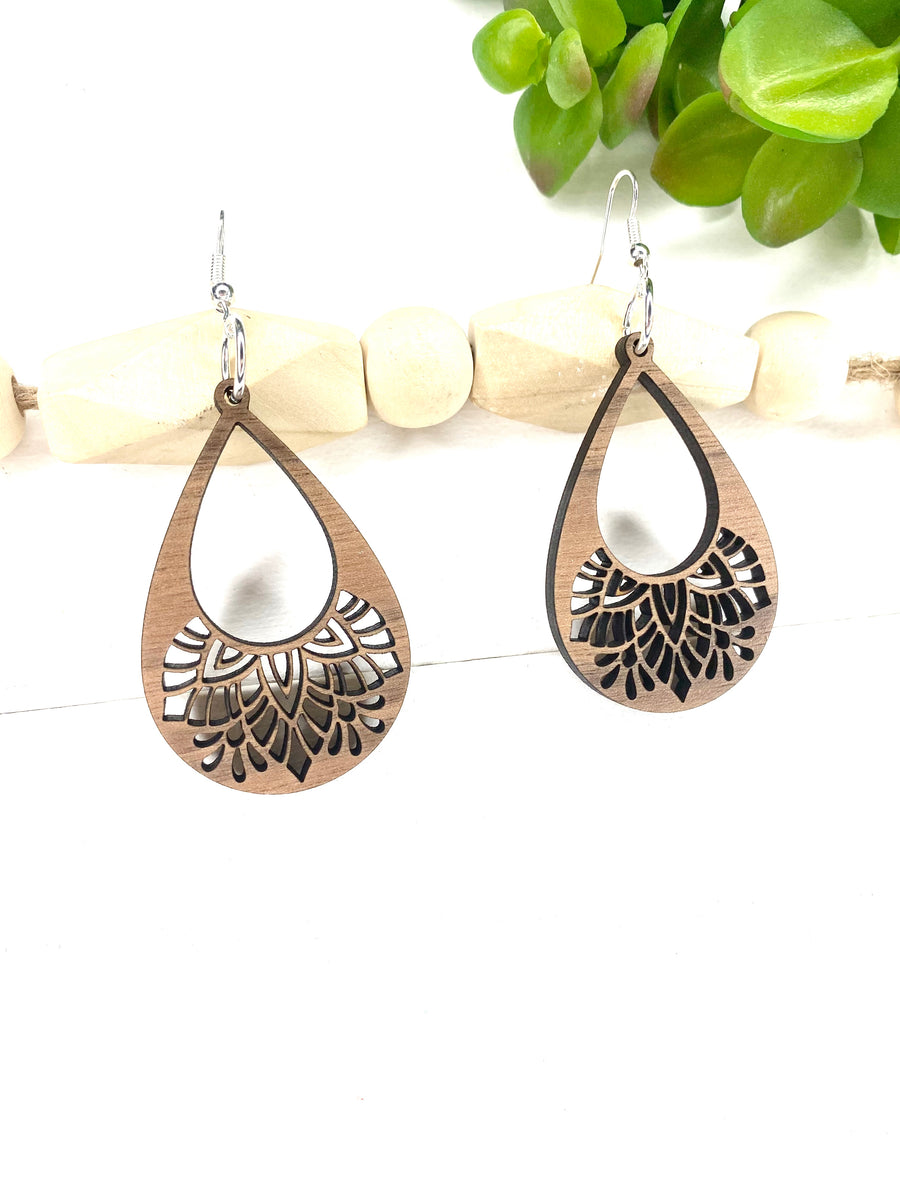 Teardrop Cut Out Mandala Wood Earring - Wholesale