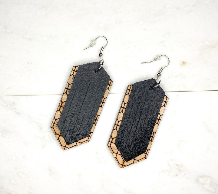 Black Leather Fringe with Cherry Wood Earring