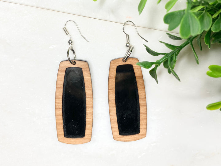 Black Acrylic Bar with Cherry Veneer Overlay Earring - Wholesale