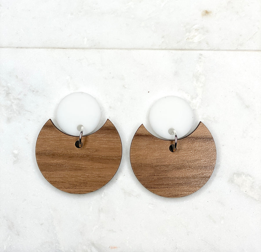 Circle Dangle Wood and White Acrylic Post Earrings