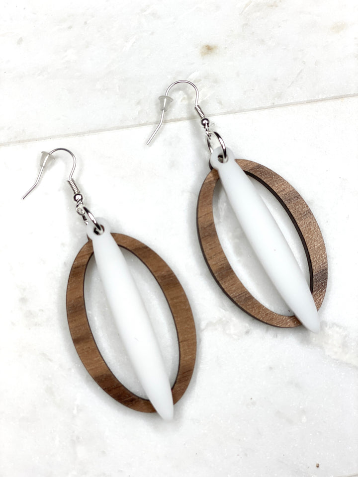 Walnut Oval Earring with White Bar