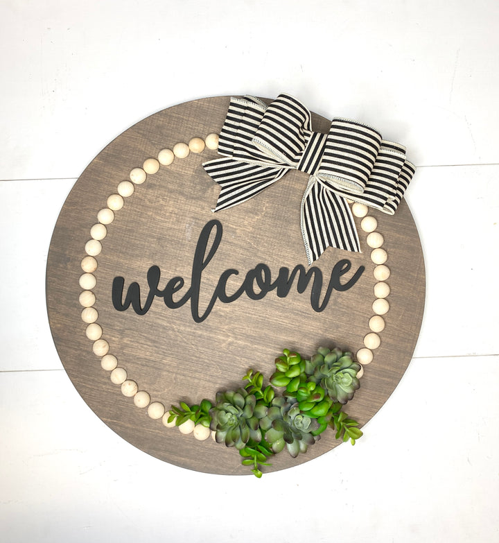 Welcome Round Door Hanger with Wood Beads and Succulents