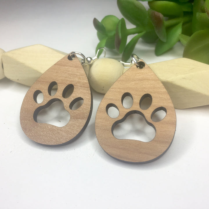 Dog Paw Cherry Wood Dangle Earrings - Wholesale