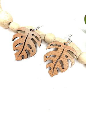 Monstera Leaf Drop Dangle Wood Earrings