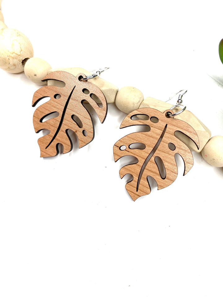 Monstera Leaf Drop Dangle Wood Earrings - Wholesale