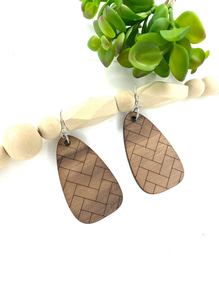 Walnut Herringbone Drop Dangle Wood Earrings - Wholesale