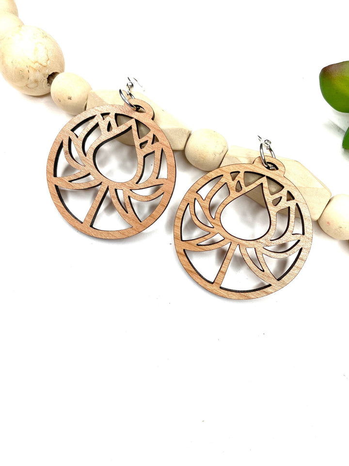 Lotus Flower Dangle Wood Earrings - Wholesale